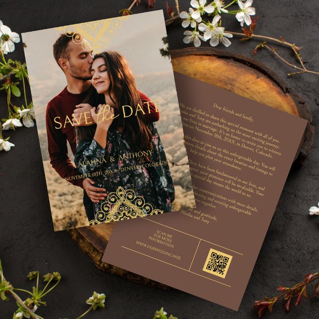 Reserva La Fecha Exquisite Luxury Ornamental Baroque Decorative QR (Exquisite Luxury Ornamental Baroque Decorative Elements Photo Save the Date Card with Envelope.)