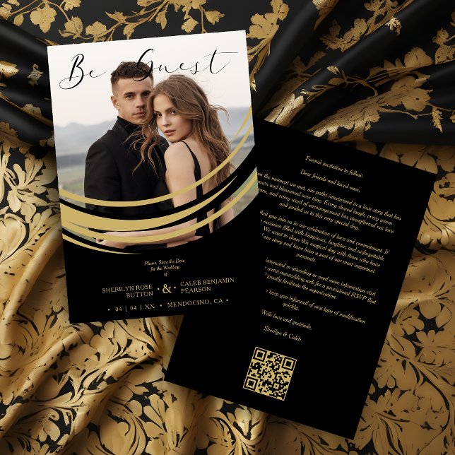 Reserva La Fecha Exquisite Modern Faux Golden Abstract Photo (Exquisite Faux Golden Abstract Geometric Shape Photo Wedding Save the Date Card with Envelope.)