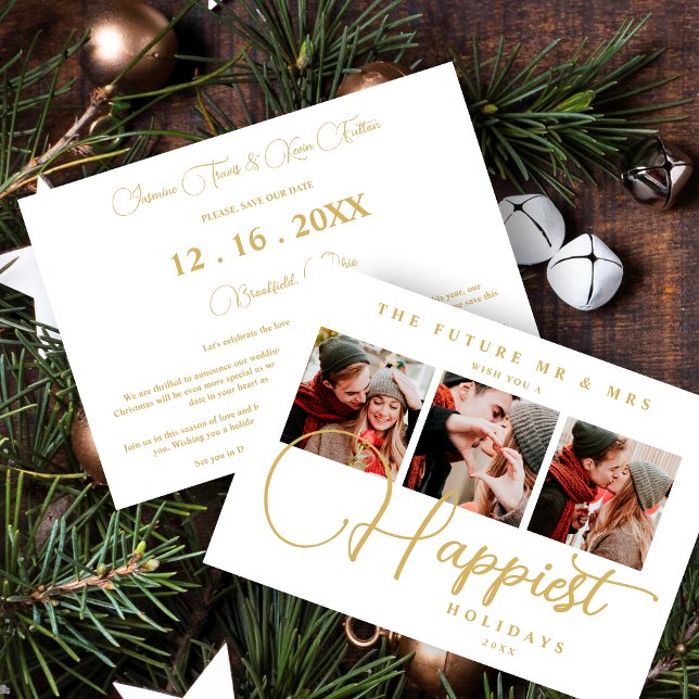 Reserva La Fecha Exquisite Sophisticated Wedding Christmas 3 Photos (Exquisite Sophisticated Wedding Christmas 3 Photos in Fake Gold Holiday Card as a Save the Date Card)