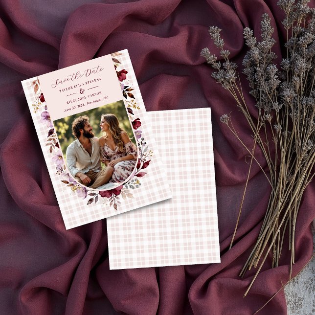 Reserva La Fecha Exquisite Spring Burgundy Floral Arch Wedding (Exquisite Romantic Burgundy Floral Arch Wedding Save the Date Design with Pastel Tartan Back. )