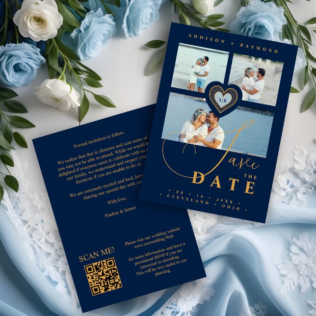 Reserva La Fecha Exquisito Lace Gold & Navy Blue 3 multifotos (Exquisite Faux Lace Gold and Navy Blue 3 Multi Photos Collage Wedding Save the Date Card.)