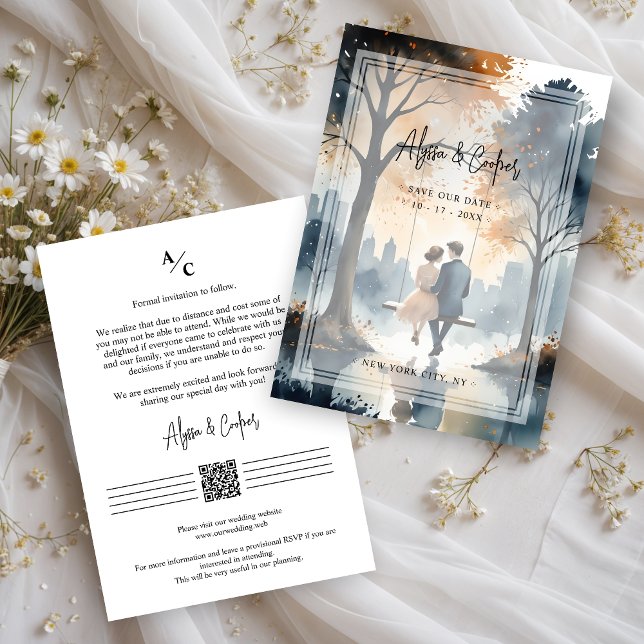 Reserva La Fecha Exquisito y espléndido Boda del parque NY (Gorgeous Exquisite Couple Swinging in NY Park Wedding Save the Dates Cards.)