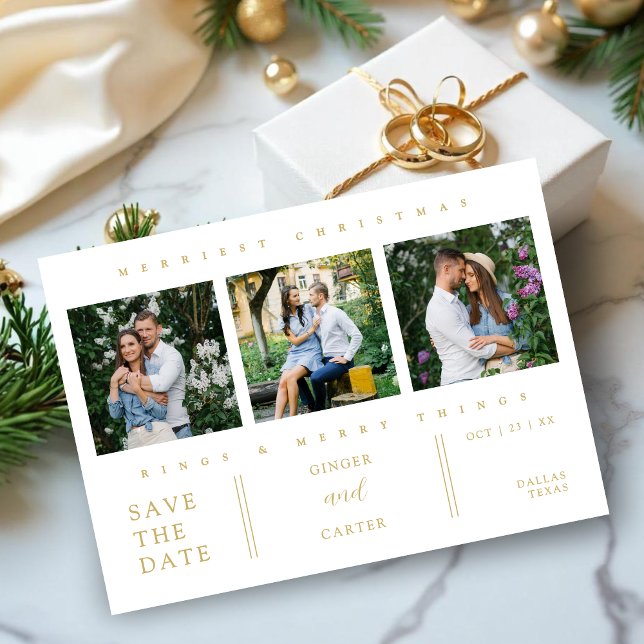 Reserva La Fecha Extra Minimal Christmas Collage 3 Photos Wedding (Extra Minimalist Christmas Collage 3 Photos Wedding in White & Faux Gold Save the Dates Cards.)