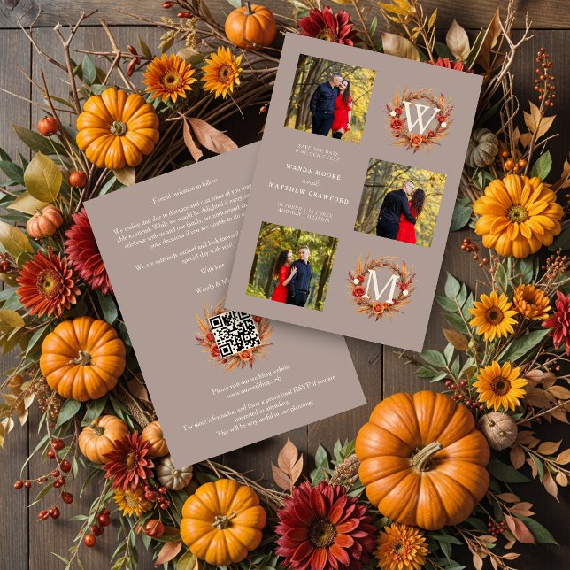 Reserva La Fecha Fall Brown Gold Exquisite Modern 3 Wedding Photos (Brown Gold Exquisite Modern Fall Wreath 3 Photos Wedding Engagement Collage Save the Dates Cards.)