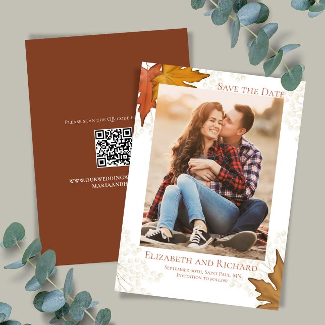 Reserva La Fecha Fall Leaves Photo Wedding Guardar la fecha (Watercolor fall leaves elegant save the date photo cards.)