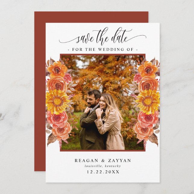 Reserva La Fecha Fall Terracotta Floral Photo Save the Date (Anverso / Reverso)