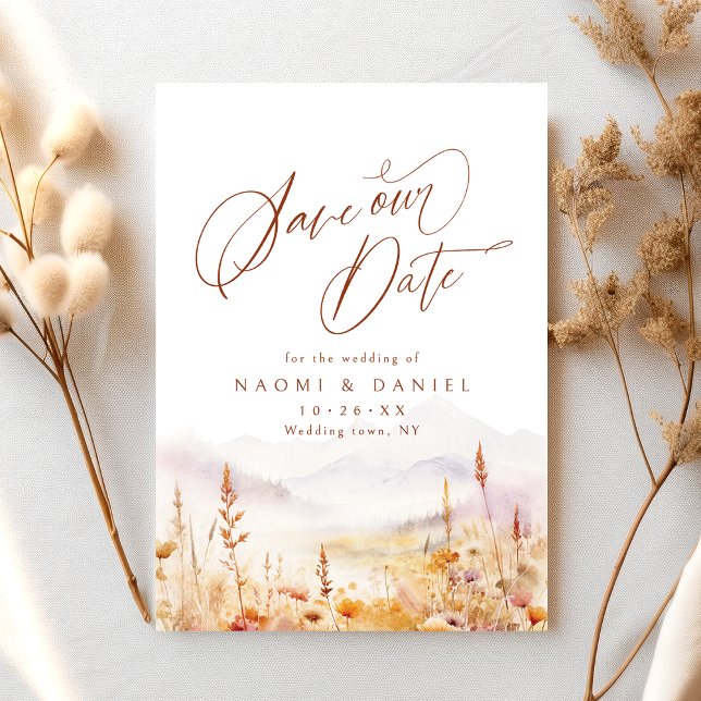 Reserva La Fecha Fall Watercolor Wildflower Mountain Rustic Wedding (Fall Watercolor Wildflower Mountain Rustic Wedding Save The Date)