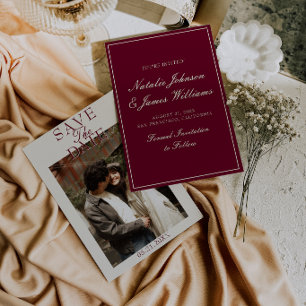 Reserva La Fecha Fancy Burgundy Crema Dinero Antiguo Foto Boda