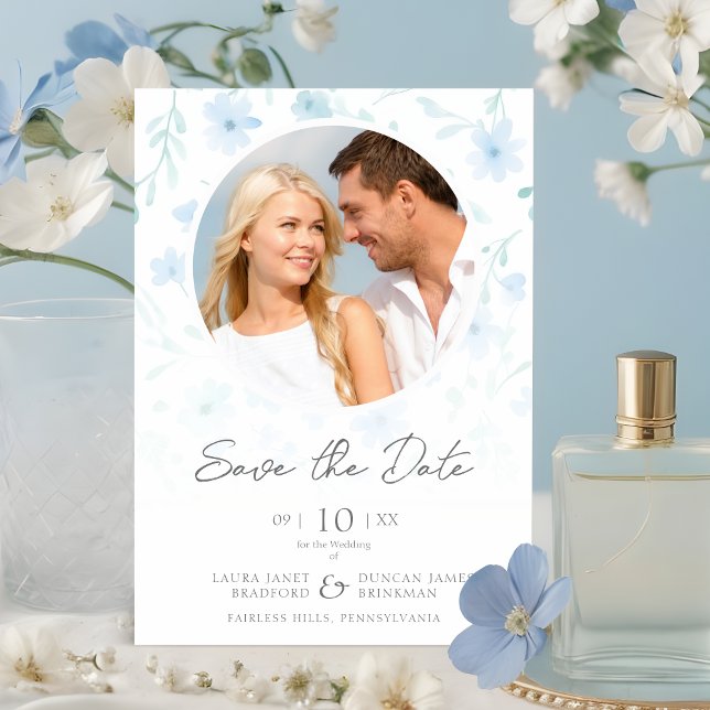 Reserva La Fecha Fancy Flowers Classic Floral Blue (Fancy Flowers Classic Floral Blue Shades Photo Save the Date with Envelope. )