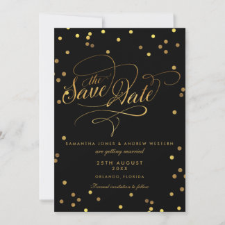 Reserva La Fecha Fancy Script Oro Confeti Boda Guardar La Fecha