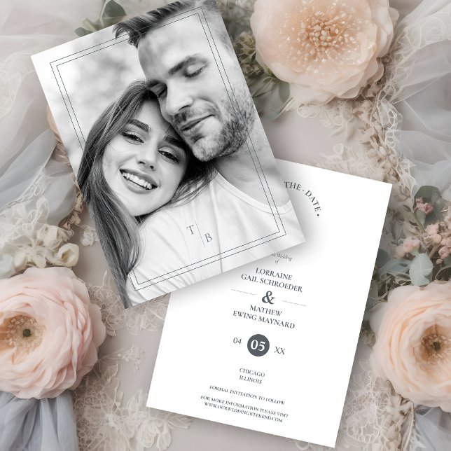 Reserva La Fecha Fancy Simple Chic Initials  Modern Photo Couple  (Fancy Simple Chic Initials Modern Photo Couple Save the Date Card with Envelope.)