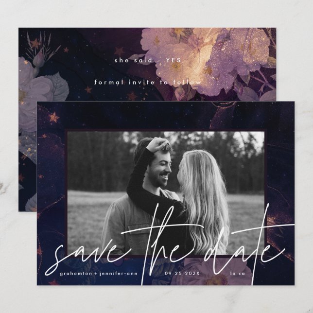 Reserva La Fecha Fantasía floral moderna de Boho oscuro otoño morad (Anverso / Reverso)