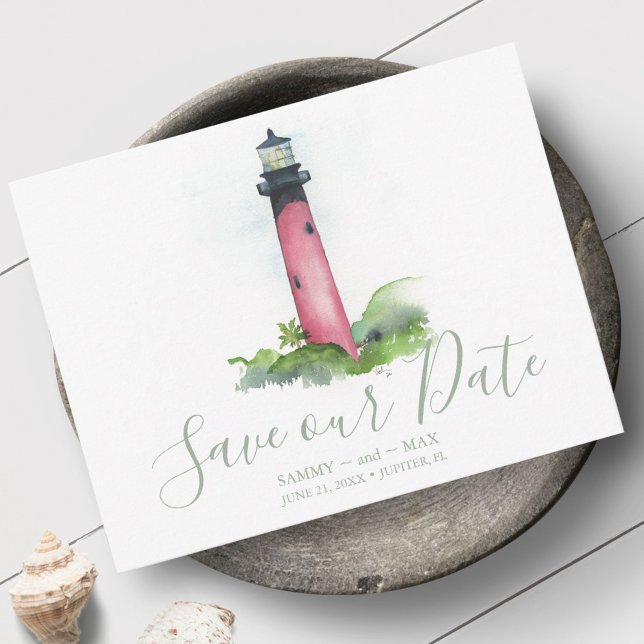Reserva La Fecha Faro Beach Wedding En Florida (Non photo wedding save the date invitations feature watercolor Jupiter Florida Lighthouse art)