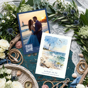 Reserva La Fecha Faro Náutico Acuarela Foto de Boda TLW26