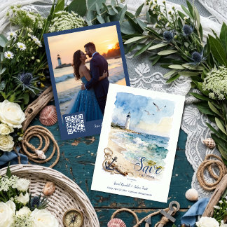 Reserva La Fecha Faro Náutico Acuarela Foto de Boda TLW26
