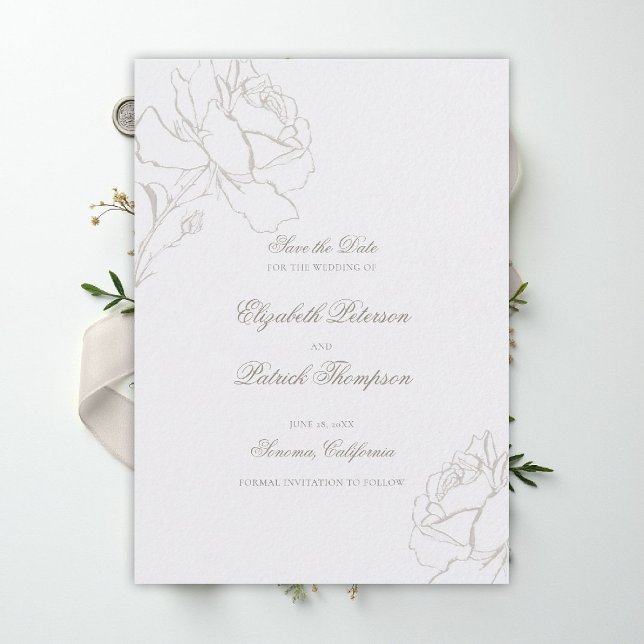 Reserva La Fecha Faux Embossed Roses Pearl Formal Classic Wedding (ethereal wedding theme white save the date formal traditional modern classic floral roses elevated)