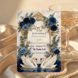 Reserva La Fecha Faux Gold Foil & Marble Swans Royal Blue Floral