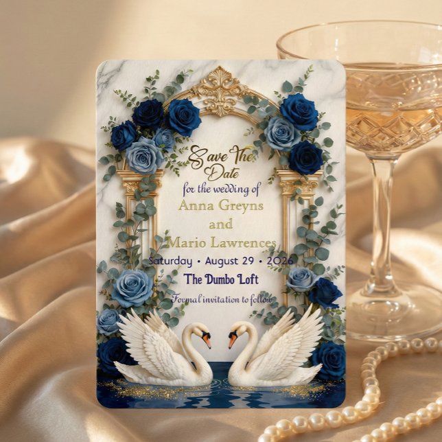 Reserva La Fecha Faux Gold Foil & Marble Swans Royal Blue Floral (Subido por el creador)