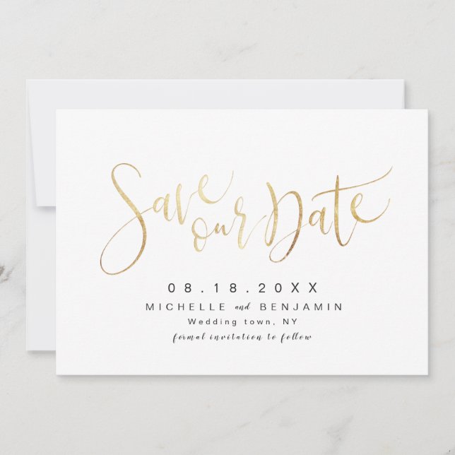 Reserva La Fecha Faux Gold Modern Simple Script Guardar La Fecha (Anverso)