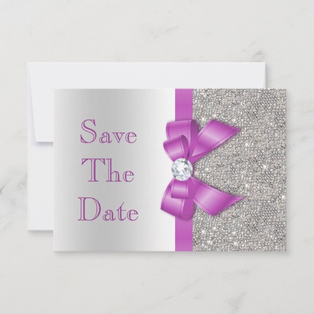 Reserva La Fecha Faux Purple Bow Diamonds Save the Date Baby Shower (Anverso)