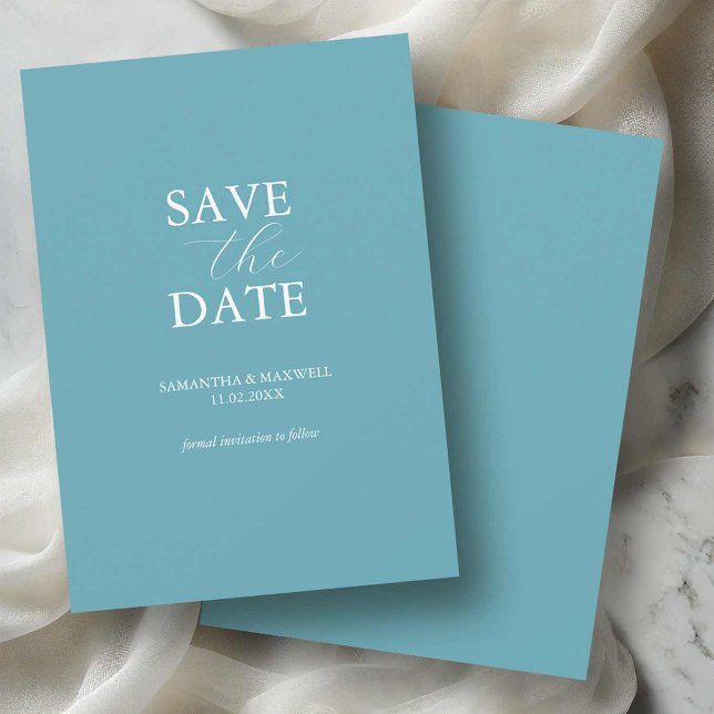 Reserva La Fecha Fechas de guardado mínimas en azul no foto (non photo save the dates turquoise blue with white typography minimalist design Victoria Grigaliunas)