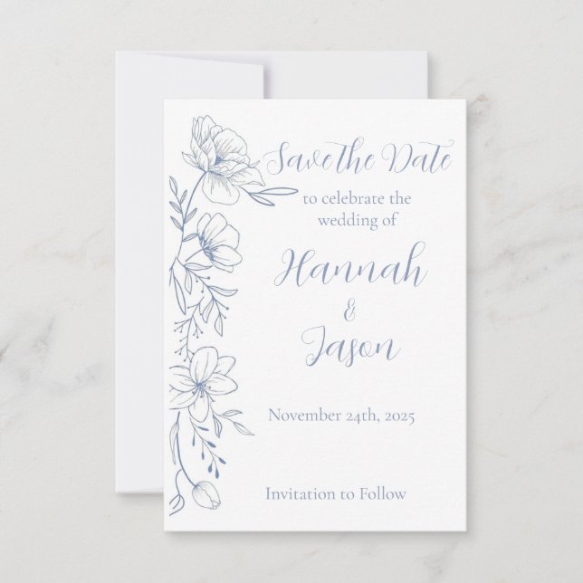 Reserva La Fecha Felicidad Flores Azules Boda Salva la Fecha (Anverso)