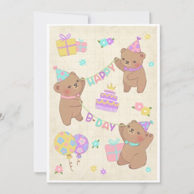 Reserva La Fecha Feliz cumpleaños Ilustracion Teddy Bears (Anverso)