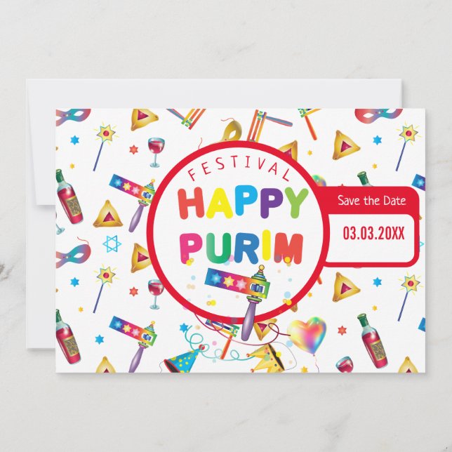 Reserva La Fecha Feliz Festival de Purim Divertido Fiesta del patró (Reverso)