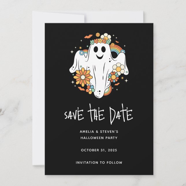 Reserva La Fecha Feliz Halloween con el retro fantasma Hippie (Anverso)