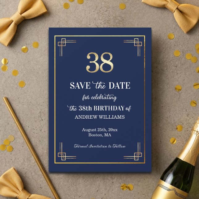 Reserva La Fecha Fiesta de Cumpleaños 38 Elegante Azul Oro (Subido por el creador)