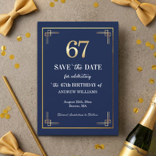 Reserva La Fecha Fiesta de Cumpleaños 67 Elegante Azul Dorado