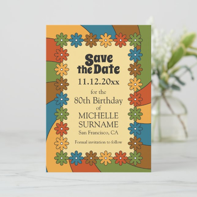 Reserva La Fecha Fiesta de cumpleaños inspirada en los 60 para entu (Anverso de pie)