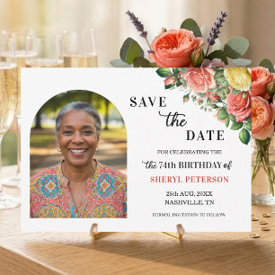 Reserva La Fecha Fiesta de cumpleaños número 74 con foto floral ele