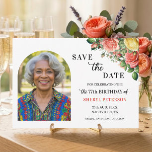Reserva La Fecha Fiesta de cumpleaños número 77 con foto floral ele