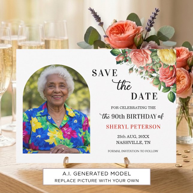 Reserva La Fecha Fiesta de cumpleaños número 90 con foto floral ele (Subido por el creador)