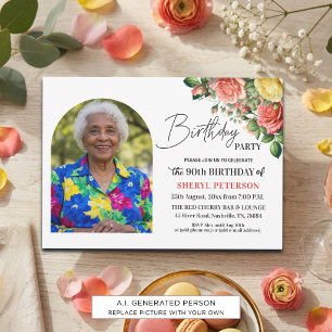 Reserva La Fecha Fiesta de cumpleaños número 90 con foto floral ele