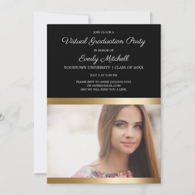 Reserva La Fecha Fiesta de Graduación Virtual Oro Negro Raya Blanca (Anverso)