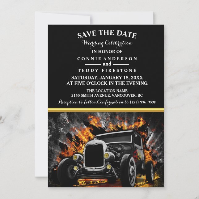 Reserva La Fecha fiesta de Hot Rod con fuego Boda Guardar la Fecha (Anverso)