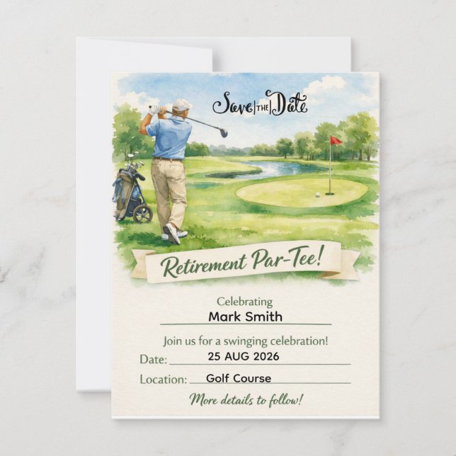 Reserva La Fecha Fiesta de jubilación de golf para golfista  (Anverso)