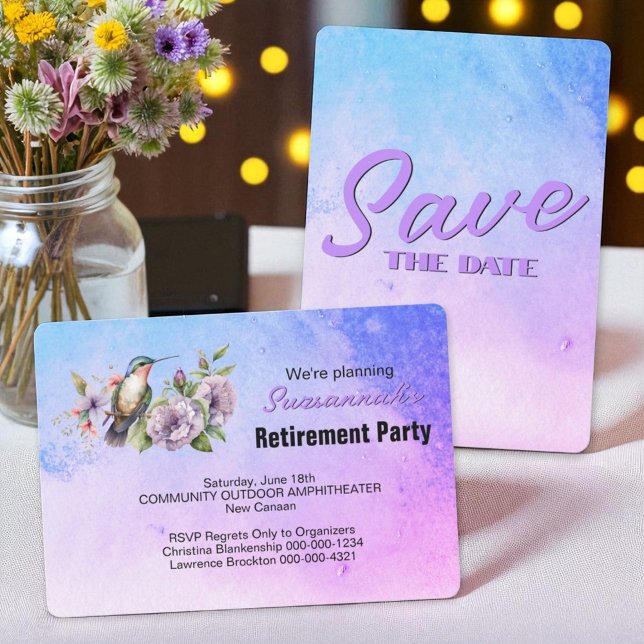 Reserva La Fecha Fiesta De Jubilación Salve La Fecha Hummingbird (front and back template save the date invitation)