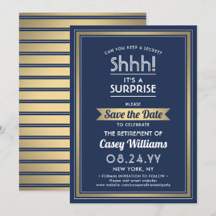 Reserva La Fecha Fiesta de Jubilación Sorpresa ¡Shhh! Azul Marino y