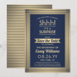 Reserva La Fecha Fiesta de Jubilación Sorpresa ¡Shhh! Azul Marino y