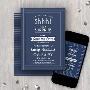 Reserva La Fecha Fiesta de Jubilación Sorpresa ¡Shhh! Azul Marino y
