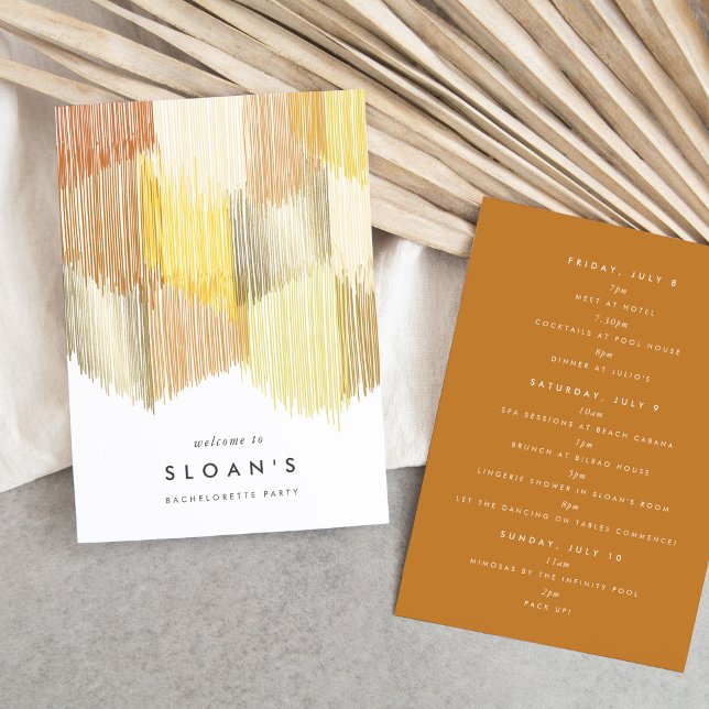 Reserva La Fecha Fiesta de la Bachelorette Fringe Dorada Itinerario (Golden yellow modern fringe fiesta bachelorette party itinerary cards.)
