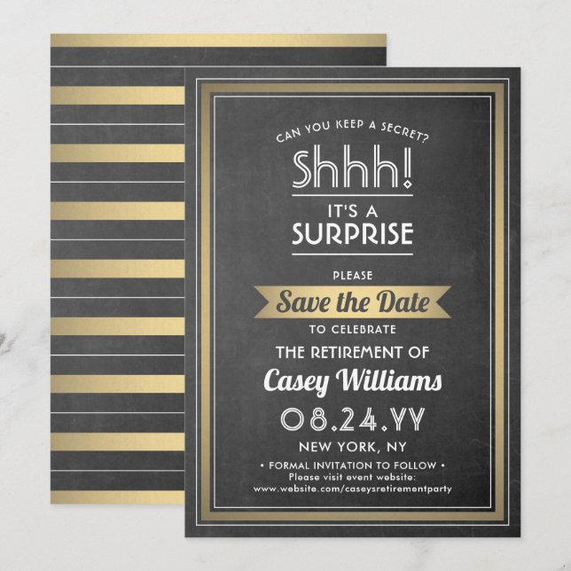 Reserva La Fecha Fiesta de retiro de sorpresas Chalkboard Black & G (Anverso / Reverso)