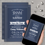 Reserva La Fecha ¡Fiesta de Retiro Sorpresa Shhh! Azul marino y bla<br><div class="desc">¿Puedes guardar un secreto? Invitar a colegas, compañeros de trabajo, familia y amigos a una elegante y emocionante celebración de retiro sorpresa con personalizado azul marino y blanco salven las invitaciones de fiesta de citas. Todo el texto de esta plantilla es sencillo de personalizar, incluyendo el mensaje que dice "¡Shhh!...</div>