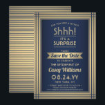 Reserva La Fecha ¡Fiesta de Retiro Sorpresa Shhh! Azul marino y oro<br><div class="desc">¿Puedes guardar un secreto? Invitar a colegas, compañeros de trabajo, familia y amigos a una elegante y emocionante celebración de retiro sorpresa con personalizado azul marino y falso Relieve metalizado de oro a salvar las invitaciones de fiesta de citas. Todo el texto de esta plantilla es sencillo de personalizar, incluyendo...</div>