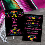 Reserva La Fecha Fiesta Fiesta Mexicana Flora Negra<br><div class="desc">Floral mexicana Salven la tarjeta Date en coloridas flores de arte folclórico mexicano Fiesta. El diseño está decorado en ambos lados y la plantilla está preparada para que usted añada su fecha especial, su nombre, la ocasión y el texto personalizado a la parte posterior. El diseño puede ser personalizado para...</div>