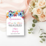 Reserva La Fecha Fiesta Flores Quinceanera blanca y floral<br><div class="desc">Quinceanera Guardar la tarjeta de fecha con flores de fiesta en acuarela. Esta tarjeta blanca tiene una abundancia de flores coloridas, escritura elegante y tipografía moderna. Un bonito diseño floral con peonía, rosa, fucsia, lirio y vegetación en tonos rosa, violeta, naranja, amarillo, verde y azul. La plantilla está preparada para...</div>