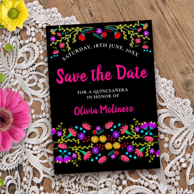Reserva La Fecha Fiesta mexicana bonito floral negro y rosa (Colorful Save the Date from my Mexican Fiesta Floral collection
)